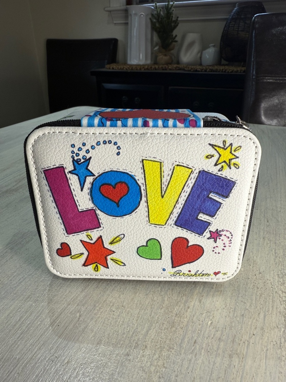 Brighton White Zipped Box with Red Heart and Multicolor Pop-Art Accents- NWOT